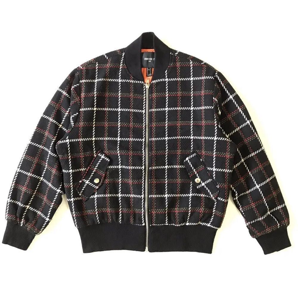 Forever 21 Black White Red Plaid Zip Up Quilt lined Jacket